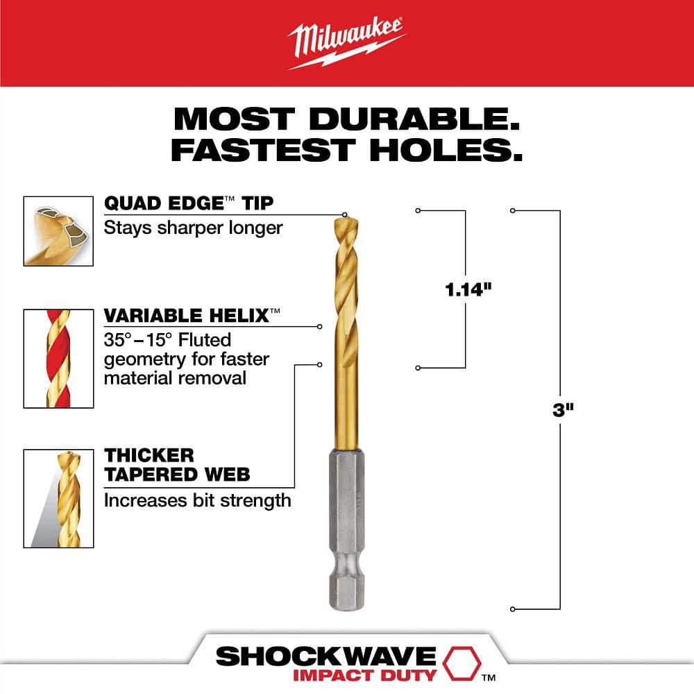 Milwaukee SHOCKWAVE 3/16 in. Titanium Twist Drill Bit, 3 in Length, 1/4 in Hex Shank