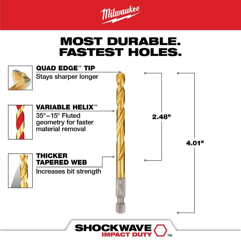 Milwaukee SHOCKWAVE Red Helix 1/4 in. Titanium Twist Drill Bit, 1/4 in. Hex Shank, 4.13 in. Length