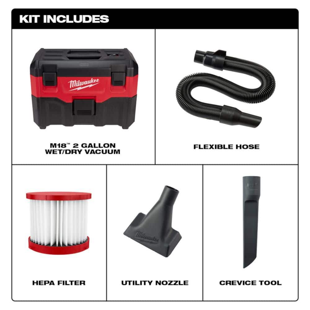 Milwaukee M18 18-Volt 2 Gal. Lithium-Ion Cordless Wet/Dry Vacuum with AIR-TIP 1-1/4 in.–2-1/2 in. Flexible Crevice Tool