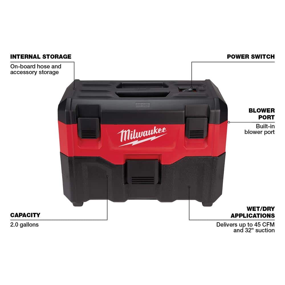 Milwaukee M18 18-Volt 2 Gal. Lithium-Ion Cordless Wet/Dry Vacuum with AIR-TIP 1-1/4 in.–2-1/2 in. Flexible Crevice Tool