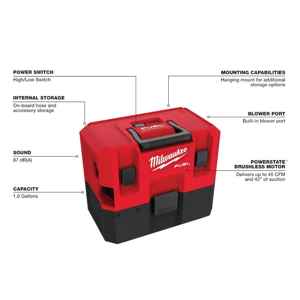 Milwaukee M12 FUEL Cordless 1.6 Gal. Wet/Dry Vacuum with AIR-TIP 1-1/4 in.–2-1/2 in. 3‑Piece Crevice, Nozzle & Brush Kit