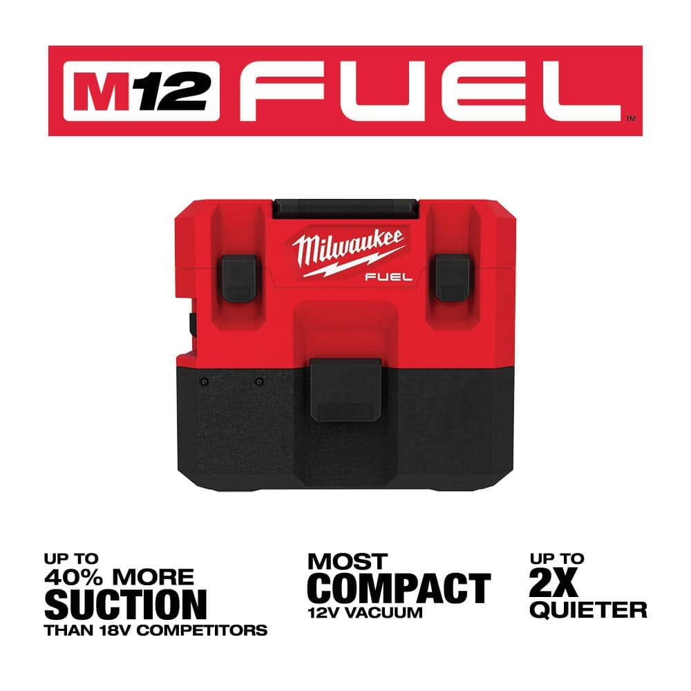 Milwaukee M12 FUEL Cordless 1.6 Gal. Wet/Dry Vacuum with AIR-TIP 1-1/4 in.–2-1/2 in. 3‑Piece Crevice, Nozzle & Brush Kit