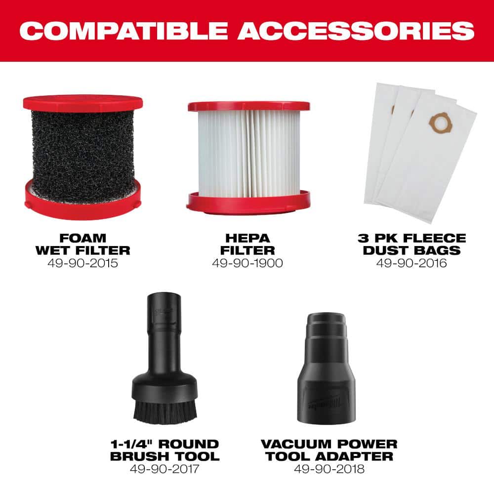 Milwaukee M12 FUEL Cordless 1.6 Gal. Wet/Dry Vacuum with AIR-TIP 1-1/4 in.–2-1/2 in. 3‑Piece Crevice, Nozzle & Brush Kit