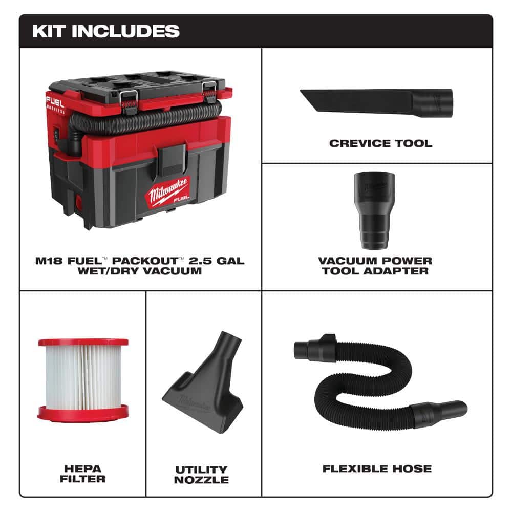 Milwaukee M18 FUEL PACKOUT 18‑Volt Cordless 2.5 Gallon Wet/Dry Vacuum with AIR‑TIP Dust Collector Attachment