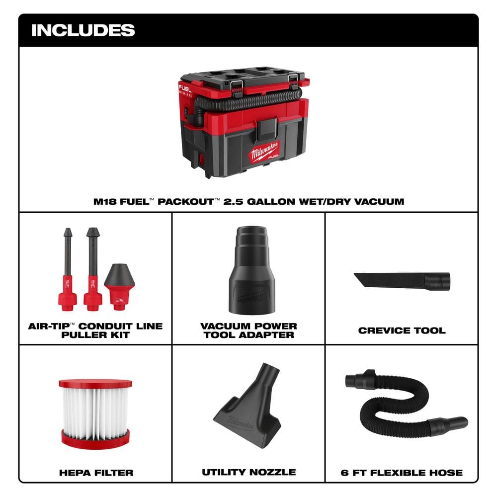 Milwaukee M18 FUEL PACKOUT 18-Volt Cordless 2.5 Gal. Wet/Dry Vacuum + AIR-TIP Conduit Line Puller Kit