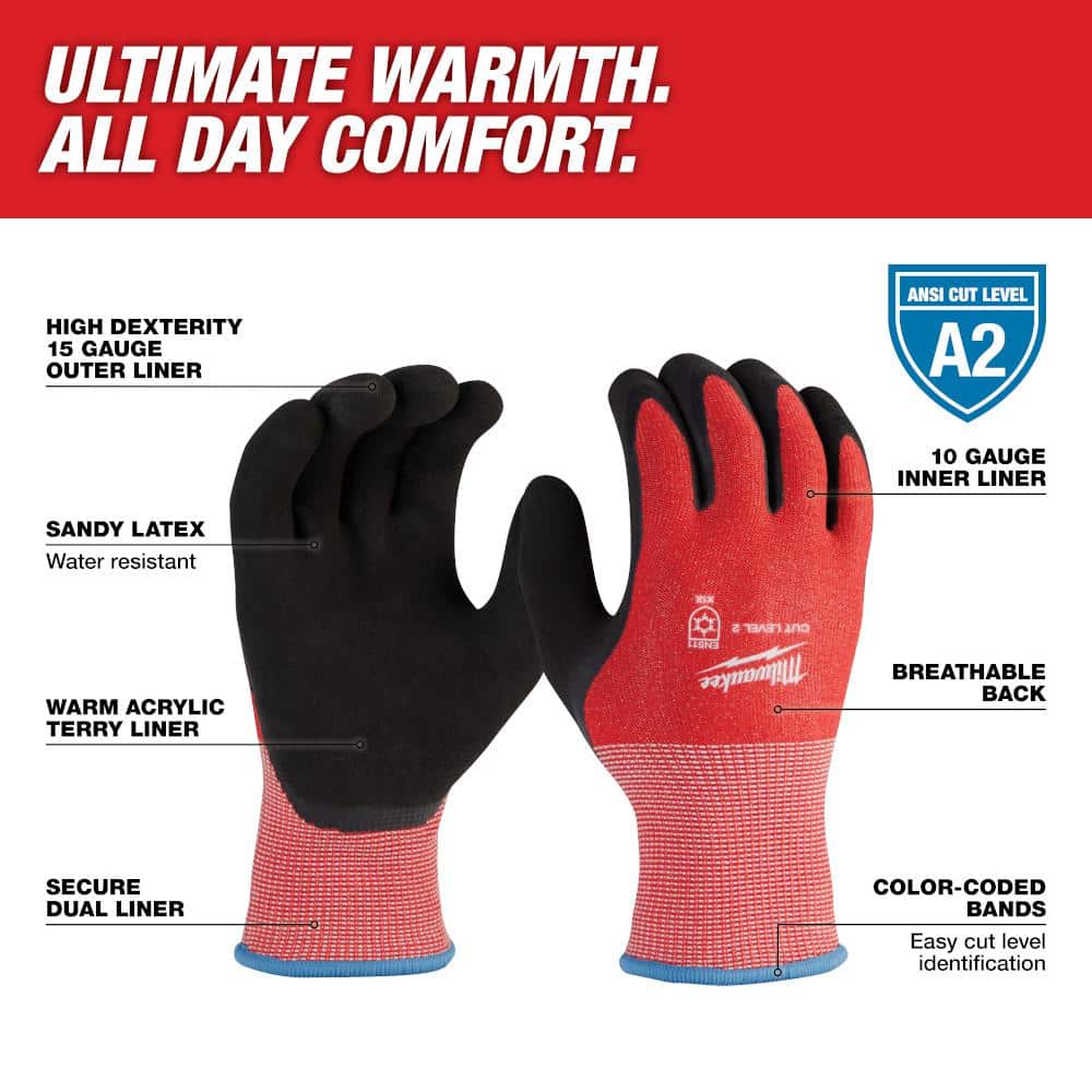 Milwaukee Large Red Latex Level 2 Cut Resistant Insulated Winter Dipped Work Gloves (2-Pack)