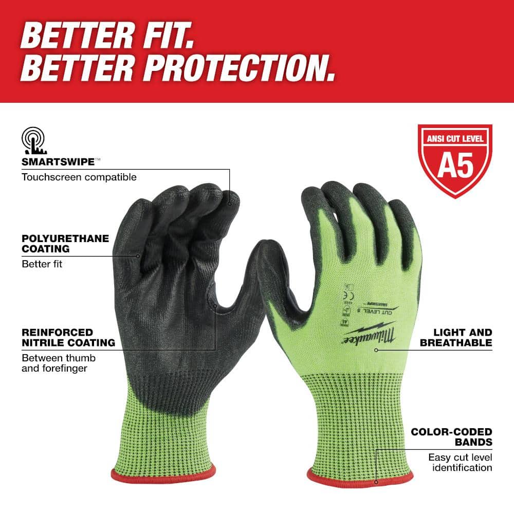 MILWAUKEE 2XL Seamless Knit Work Gloves with Polyurethane Palm Coating, Lime/Black (ANSI Abrasion 3)