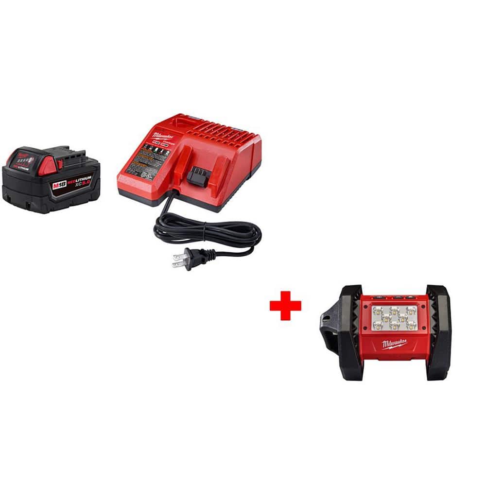 Milwaukee M18 18V Lithium-Ion Cordless 5.0Ah Starter Kit with M18 LED Flood Light (1500 Lumens)