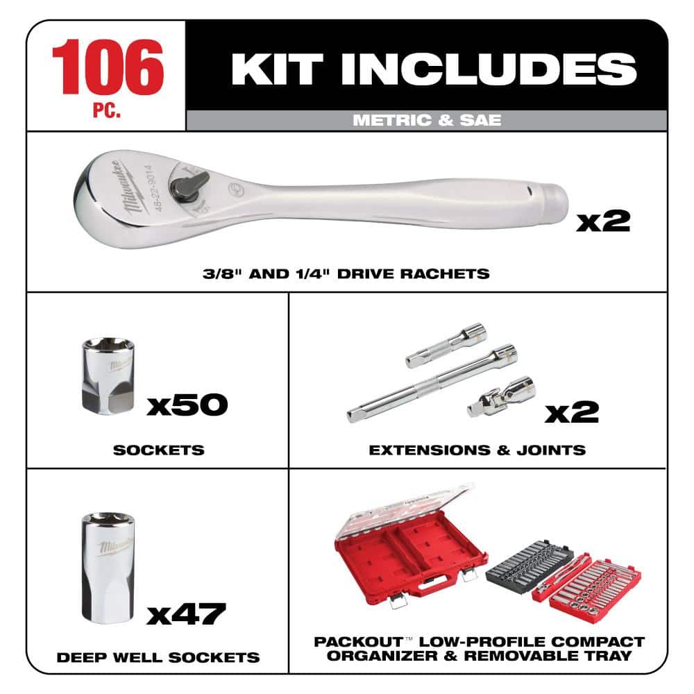 Milwaukee Combination SAE/Metric Wrench & Ratchet/Socket Mechanics Tool Set with PACKOUT Case, 136-Piece