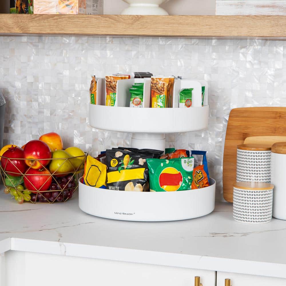 Mind Reader 2-Tier Plastic Snack Carousel Countertop Organizer Lazy Susan 14.25 in. L x 14.25 in. W x 14 in. H, White