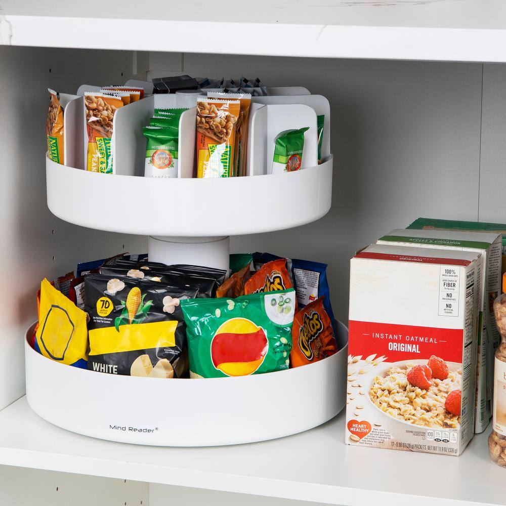 Mind Reader 2-Tier Plastic Snack Carousel Countertop Organizer Lazy Susan 14.25 in. L x 14.25 in. W x 14 in. H, White