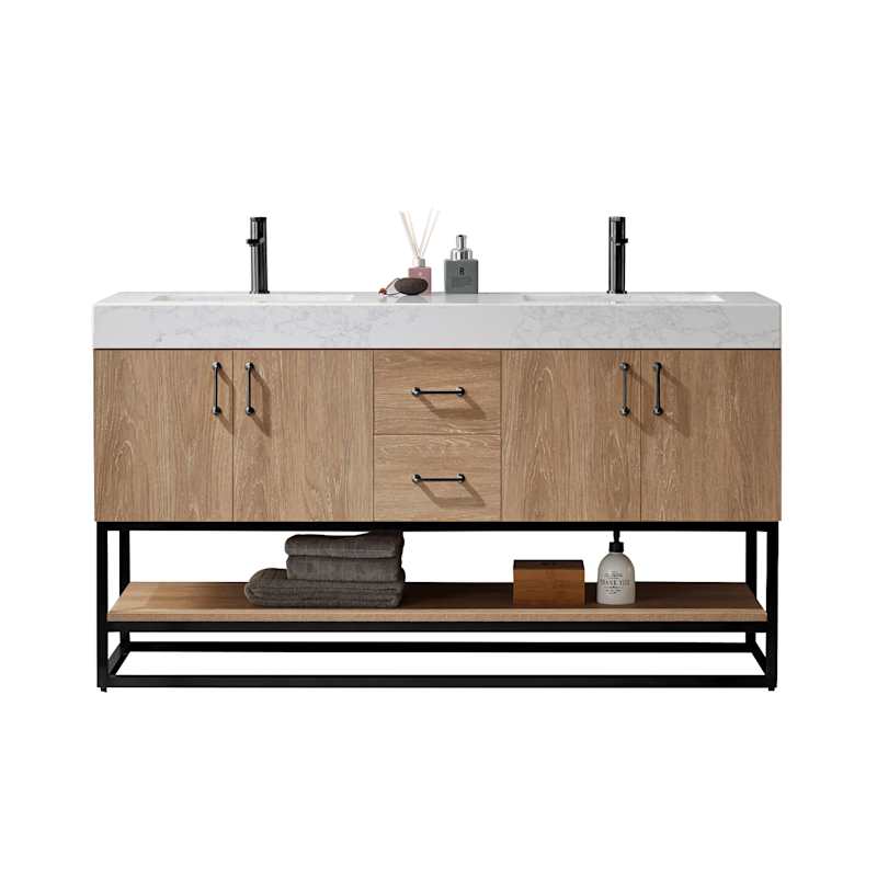 Miseno Alistair 60" Free Standing Double Basin Vanity Set with Cabinet, Stone Top, USB Port & Electrical Outlet - North American Oak