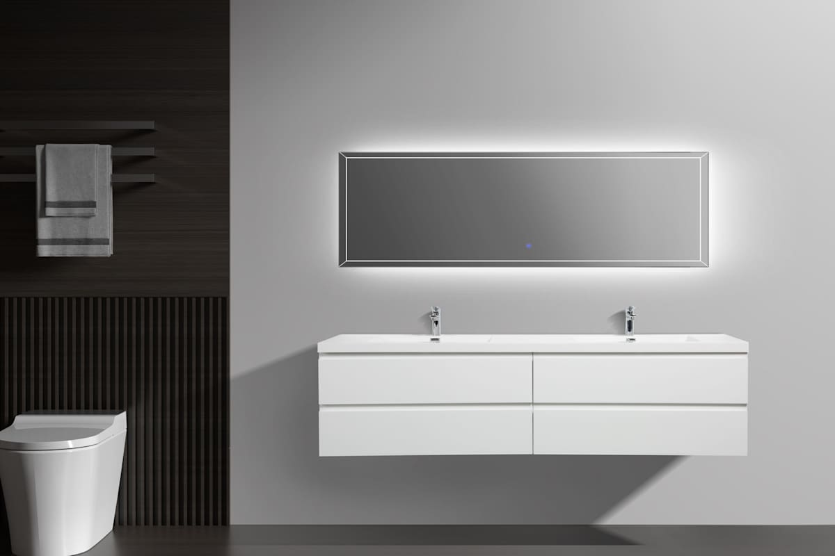 Miseno Aurora 84" Wall-Mounted Double Basin Vanity Set with 4-Drawer Cabinet and Acrylic Top (Sonoma Oak)