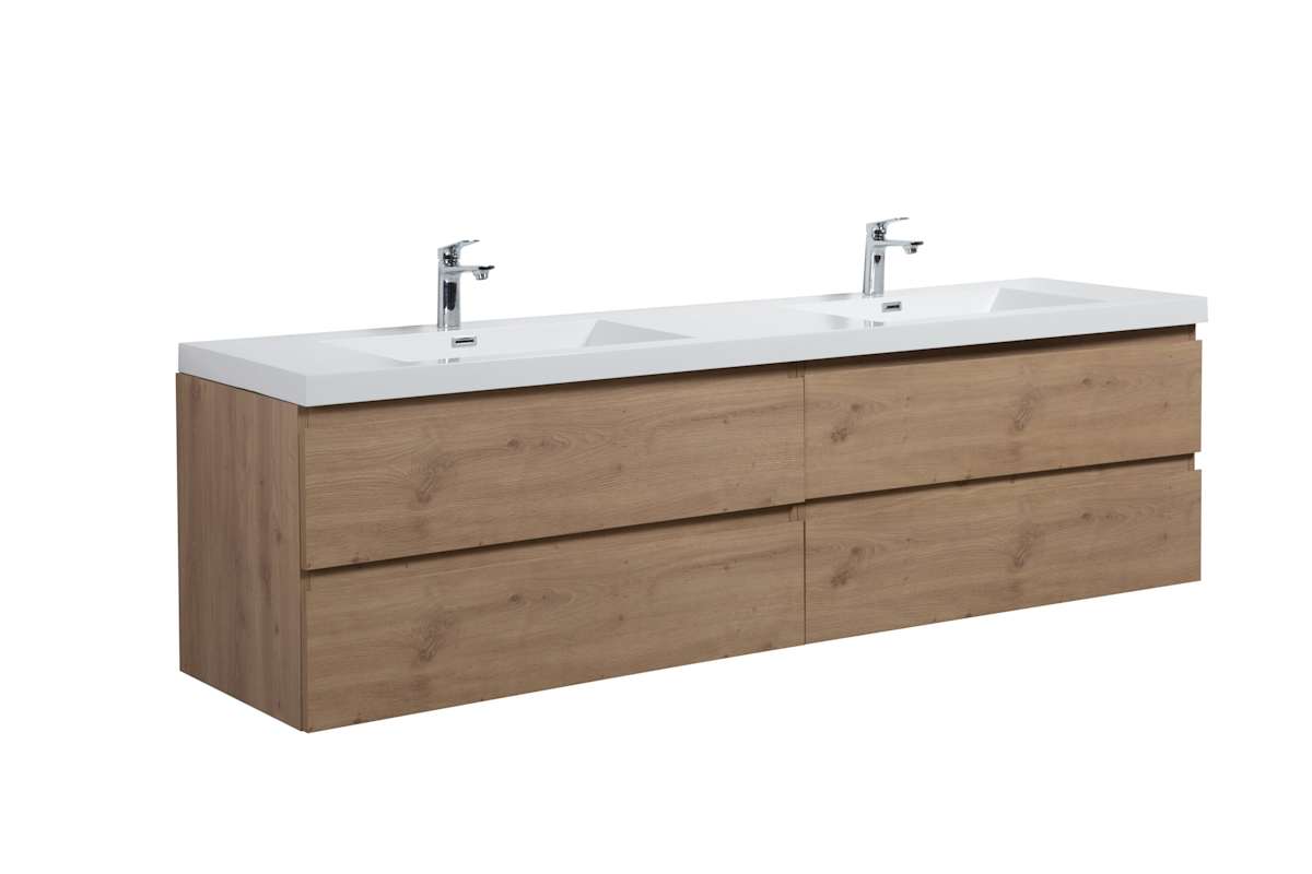 Miseno Aurora 84" Wall-Mounted Double Basin Vanity Set with 4-Drawer Cabinet and Acrylic Top (Sonoma Oak)