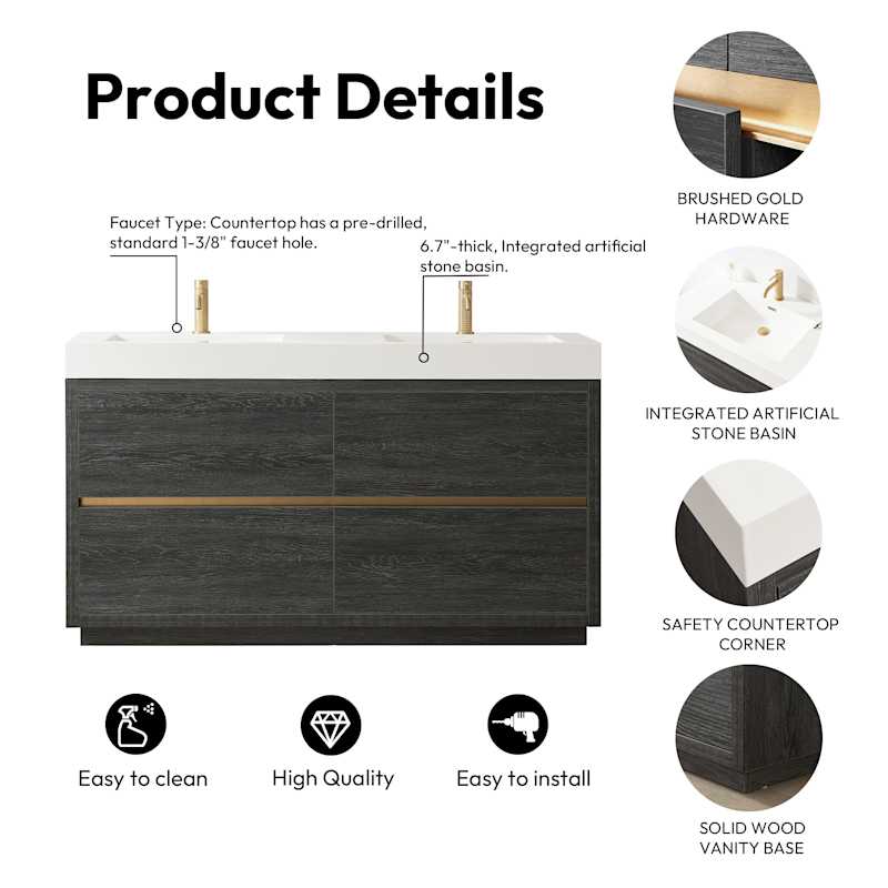 Miseno Huesca 60" Free Standing Double Basin Vanity Set with Cabinet and Composite Stone Top – North American Black Oak, No Mirror