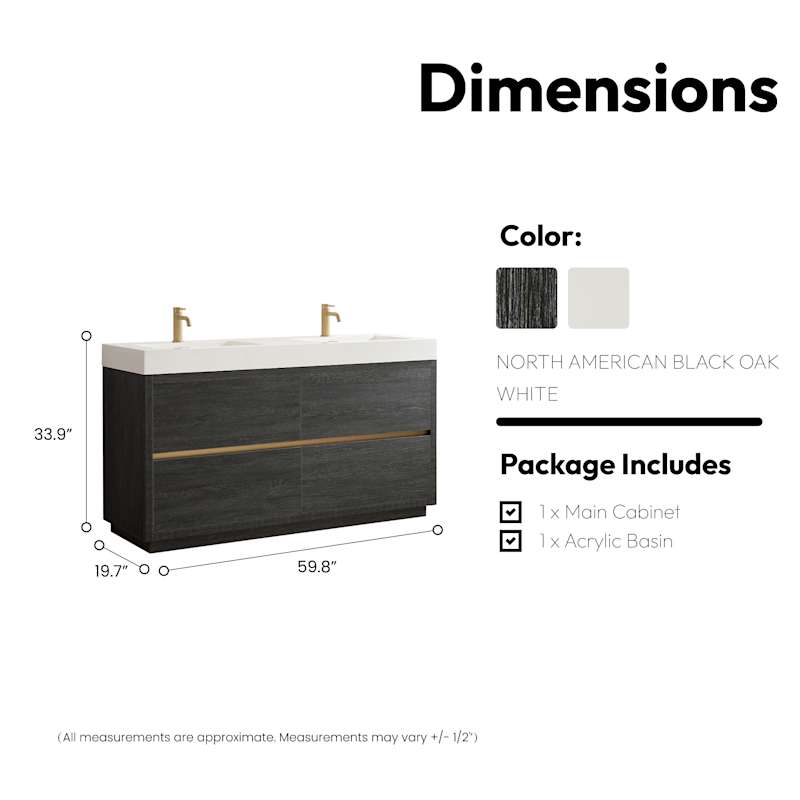 Miseno Huesca 60" Free Standing Double Basin Vanity Set with Cabinet and Composite Stone Top – North American Black Oak, No Mirror