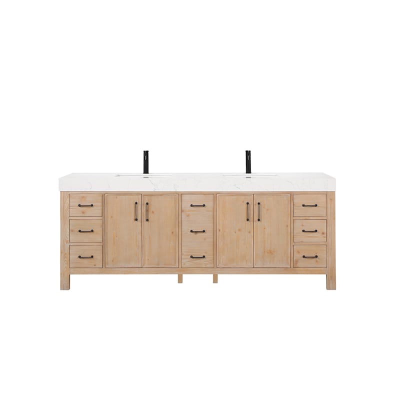 Miseno León 84-in Free-Standing Double Vanity Set with Cabinet, Stone Composite Top & Undermount Ceramic Sinks - Fir Wood Brown/Lightning White