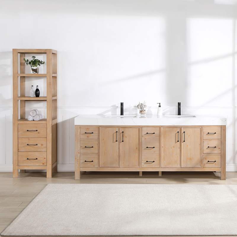 Miseno León 84-in Free-Standing Double Vanity Set with Cabinet, Stone Composite Top & Undermount Ceramic Sinks - Fir Wood Brown/Lightning White