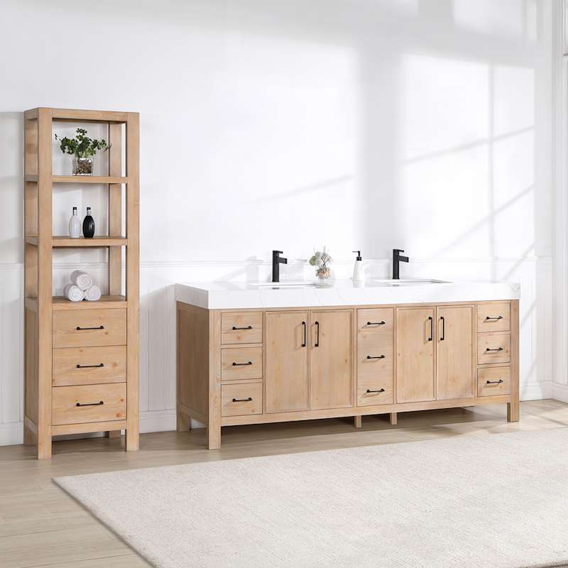 Miseno León 84-in Free-Standing Double Vanity Set with Cabinet, Stone Composite Top & Undermount Ceramic Sinks - Fir Wood Brown/Lightning White