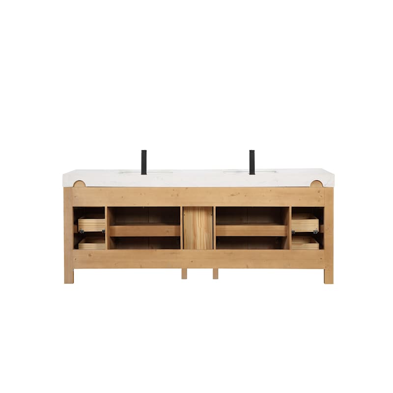 Miseno León 84-in Free-Standing Double Vanity Set with Cabinet, Stone Composite Top & Undermount Ceramic Sinks - Fir Wood Brown/Lightning White