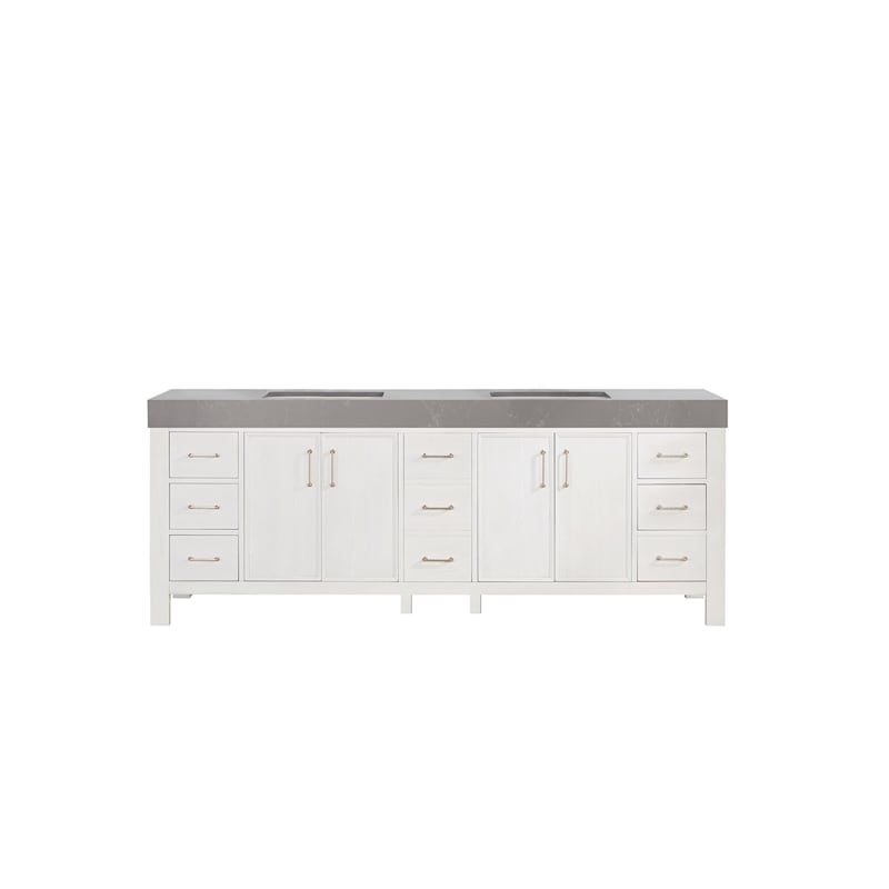 Miseno León 84-in Free-Standing Double Vanity Set with Cabinet, Stone Composite Top & Undermount Ceramic Sinks - Fir Wood Brown/Lightning White