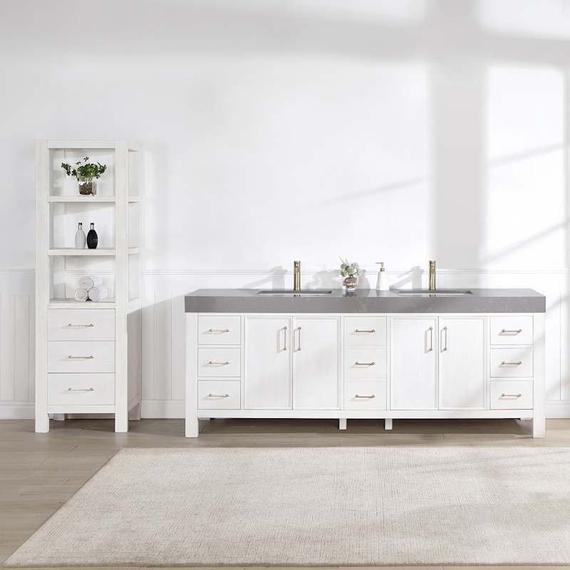 Miseno León 84-in Free-Standing Double Vanity Set with Cabinet, Stone Composite Top & Undermount Ceramic Sinks - Fir Wood Brown/Lightning White
