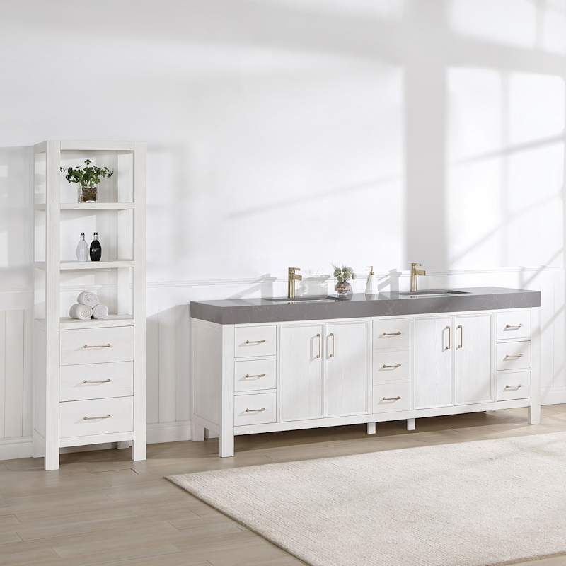 Miseno León 84-in Free-Standing Double Vanity Set with Cabinet, Stone Composite Top & Undermount Ceramic Sinks - Fir Wood Brown/Lightning White
