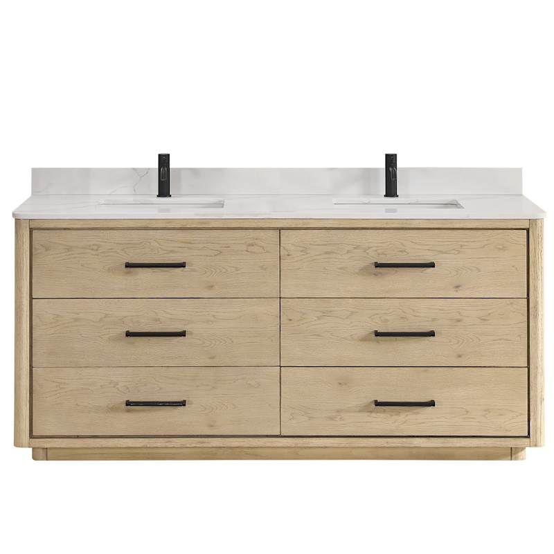 Miseno Porto 72" Free-Standing Double Basin Vanity Set with Cabinet and Quartz Top (Aged Natural Oak / Fish Maw White)
