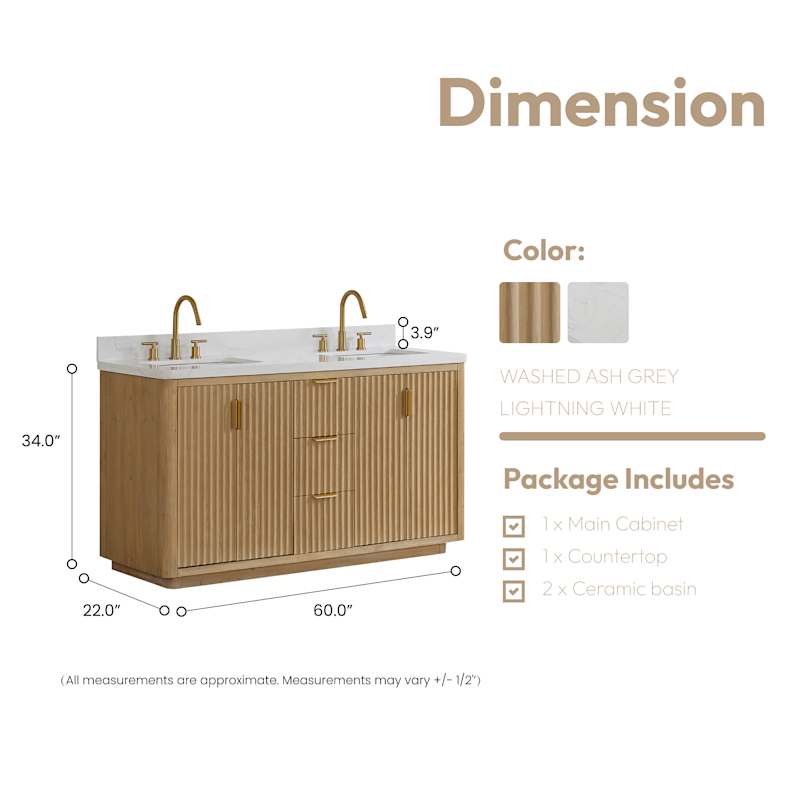 Miseno Cádiz 60" Free Standing Double Basin Vanity Set with Solid Wood Cabinet and Composite Stone Top – Washed Ash Grey