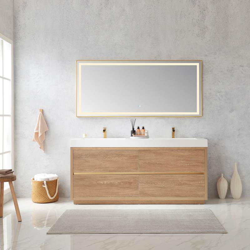 Miseno Huesca 72" Free Standing Double Basin Vanity Set with Wood Cabinet, Stone Composite Top, and 72" x 32" Rectangular Mirror - North American Oak