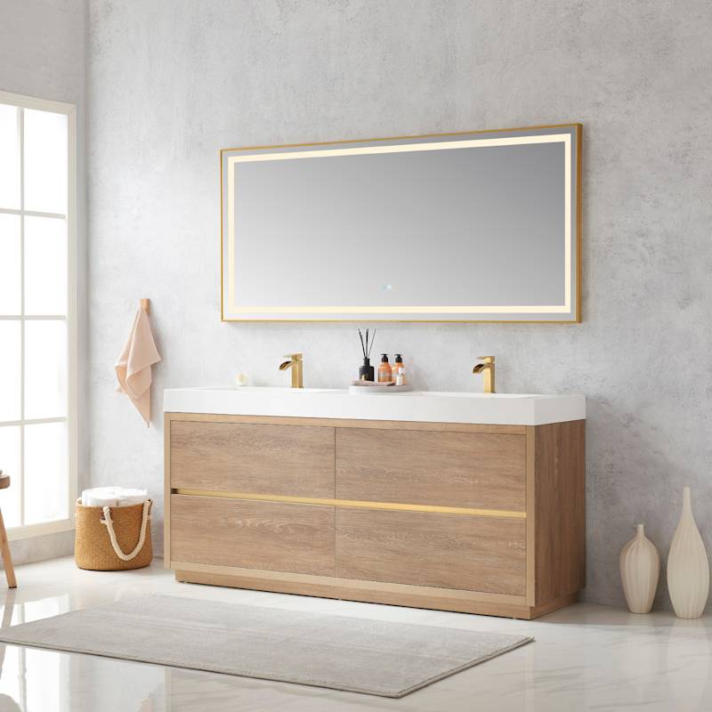 Miseno Huesca 72" Free Standing Double Basin Vanity Set with Wood Cabinet, Stone Composite Top, and 72" x 32" Rectangular Mirror - North American Oak
