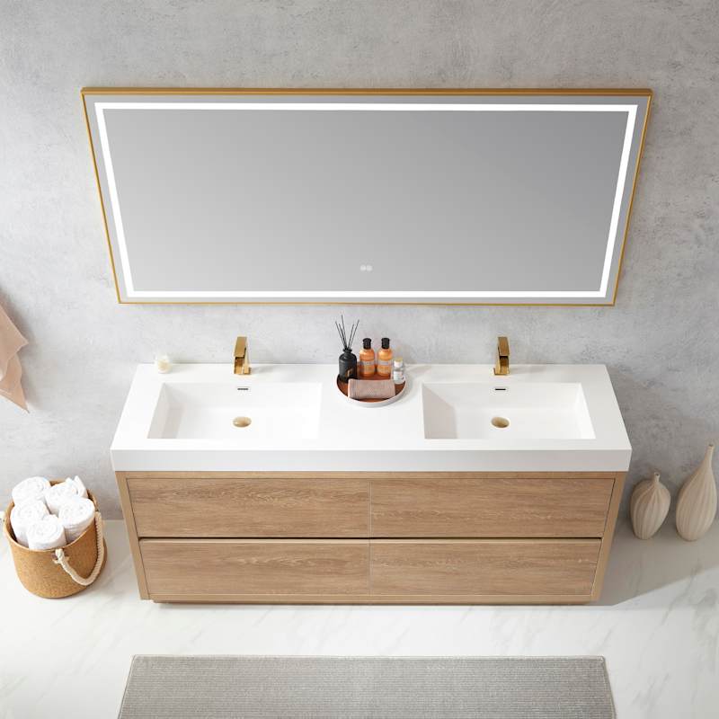 Miseno Huesca 72" Free Standing Double Basin Vanity Set with Wood Cabinet, Stone Composite Top, and 72" x 32" Rectangular Mirror - North American Oak