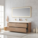 Miseno Huesca 72" Free Standing Double Basin Vanity Set with Wood Cabinet, Stone Composite Top, and 72" x 32" Rectangular Mirror - North American Oak