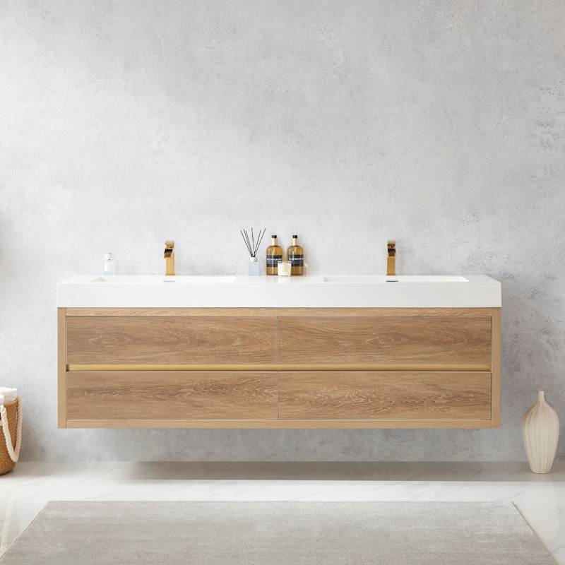 Miseno Palencia 72" Wall Mounted Double Basin Vanity Set with Cabinet and Stone Composite Top – North American Oak