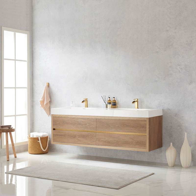Miseno Palencia 72" Wall Mounted Double Basin Vanity Set with Cabinet and Stone Composite Top – North American Oak