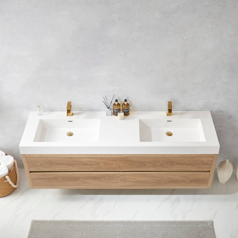 Miseno Palencia 72" Wall Mounted Double Basin Vanity Set with Cabinet and Stone Composite Top – North American Oak