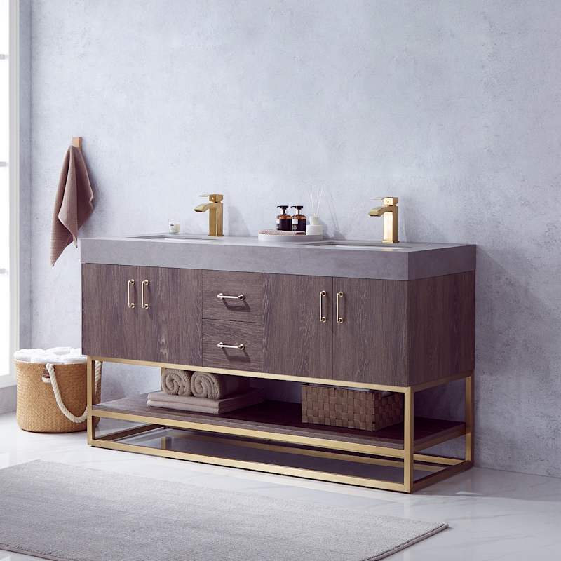 Miseno Alistair 60" Free Standing Double Basin Vanity Set – Cabinet + Stone Top with USB Port & Electrical Outlet (North American Oak)