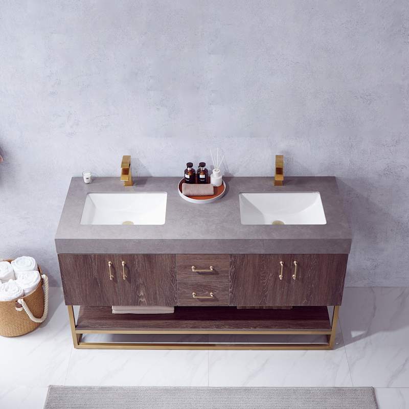 Miseno Alistair 60" Free Standing Double Basin Vanity Set – Cabinet + Stone Top with USB Port & Electrical Outlet (North American Oak)