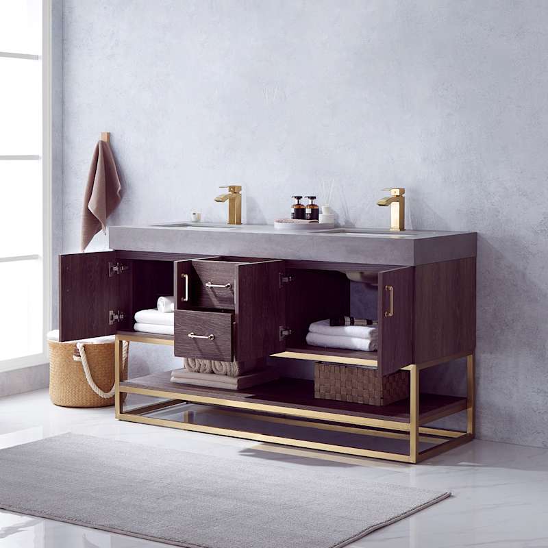Miseno Alistair 60" Free Standing Double Basin Vanity Set – Cabinet + Stone Top with USB Port & Electrical Outlet (North American Oak)