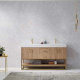 Miseno Alistair 60" Free Standing Double Basin Vanity Set – Cabinet + Stone Top with USB Port & Electrical Outlet (North American Oak)