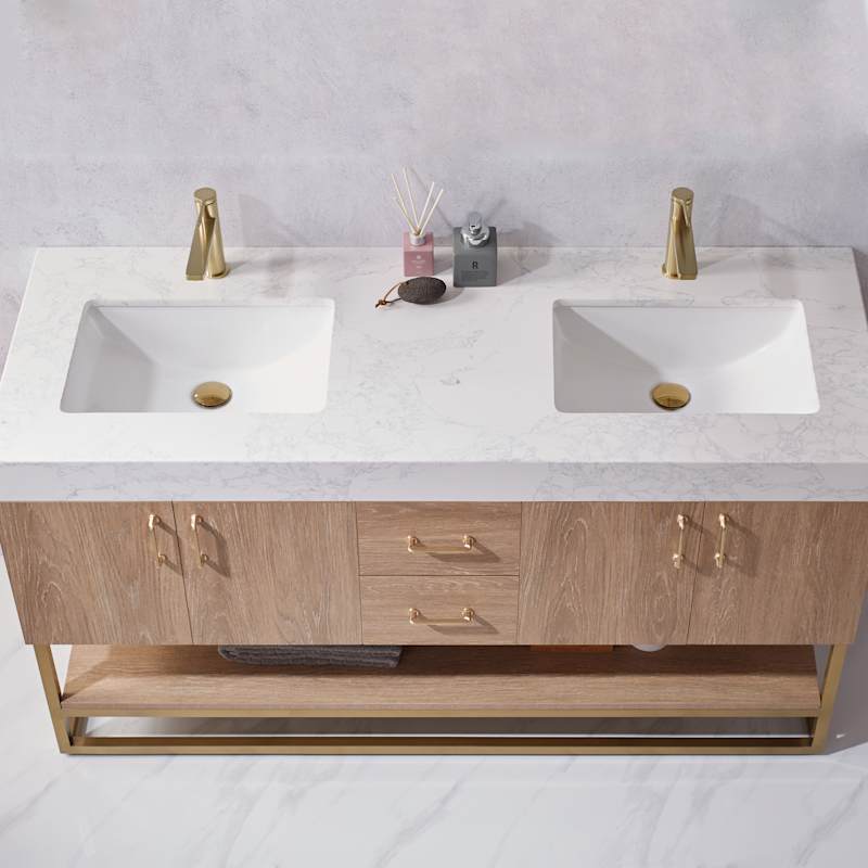 Miseno Alistair 60" Free Standing Double Basin Vanity Set – Cabinet + Stone Top with USB Port & Electrical Outlet (North American Oak)