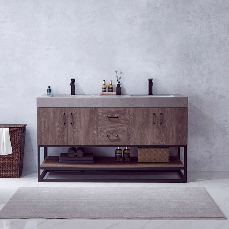 Miseno Alistair 60" Free Standing Double Basin Vanity Set with Cabinet, Stone Top, USB Port & Electrical Outlet - North American Oak