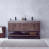 Miseno Alistair 60" Free Standing Double Basin Vanity Set with Cabinet, Stone Top, USB Port & Electrical Outlet - North American Oak