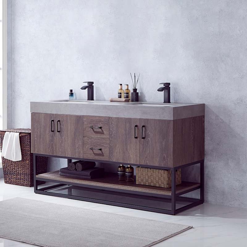 Miseno Alistair 60" Free Standing Double Basin Vanity Set with Cabinet, Stone Top, USB Port & Electrical Outlet - North American Oak
