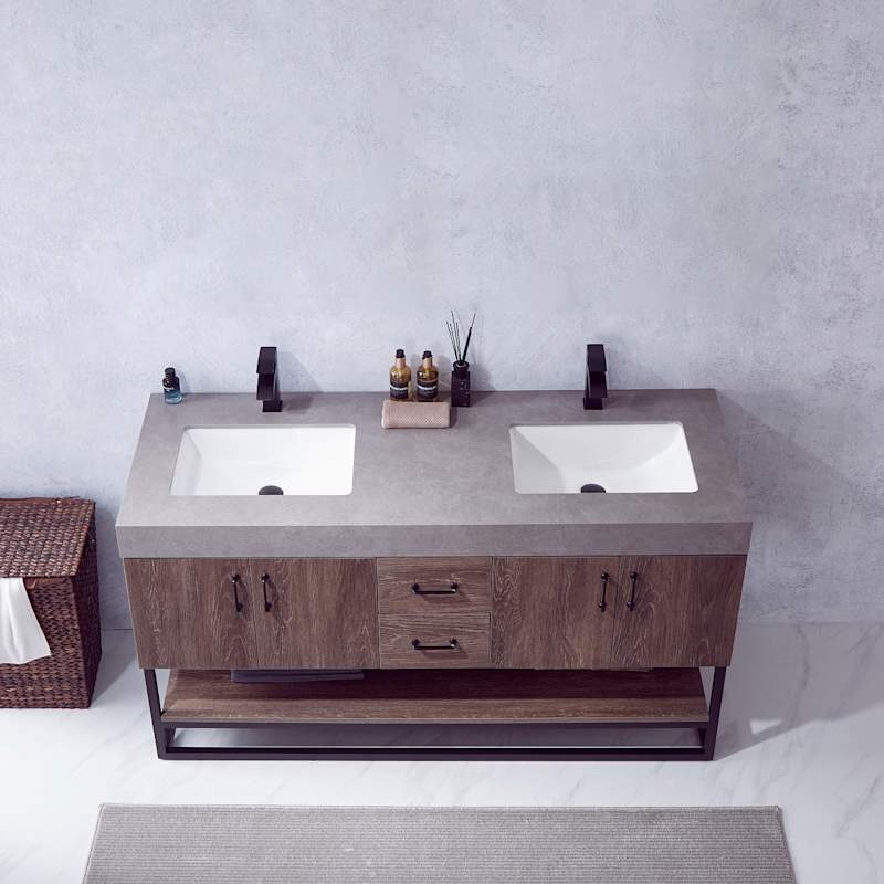 Miseno Alistair 60" Free Standing Double Basin Vanity Set with Cabinet, Stone Top, USB Port & Electrical Outlet - North American Oak