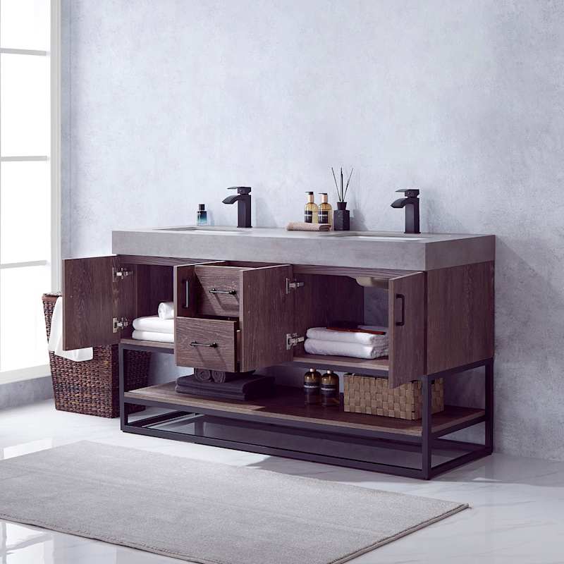 Miseno Alistair 60" Free Standing Double Basin Vanity Set with Cabinet, Stone Top, USB Port & Electrical Outlet - North American Oak