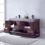 Miseno Alistair 60" Free Standing Double Basin Vanity Set with Cabinet, Stone Top, USB Port & Electrical Outlet - North American Oak