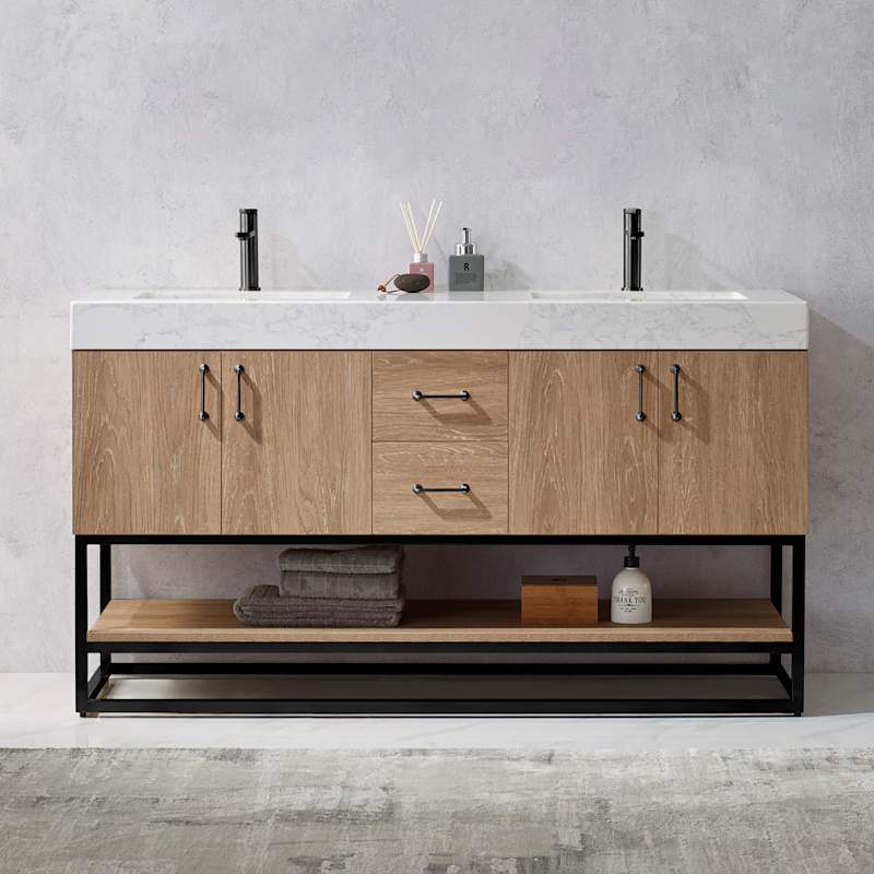 Miseno Alistair 60" Free Standing Double Basin Vanity Set with Cabinet, Stone Top, USB Port & Electrical Outlet - North American Oak
