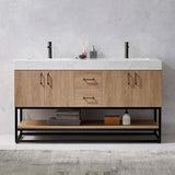 Miseno Alistair 60" Free Standing Double Basin Vanity Set with Cabinet, Stone Top, USB Port & Electrical Outlet - North American Oak