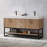 Miseno Alistair 60" Free Standing Double Basin Vanity Set with Cabinet, Stone Top, USB Port & Electrical Outlet - North American Oak